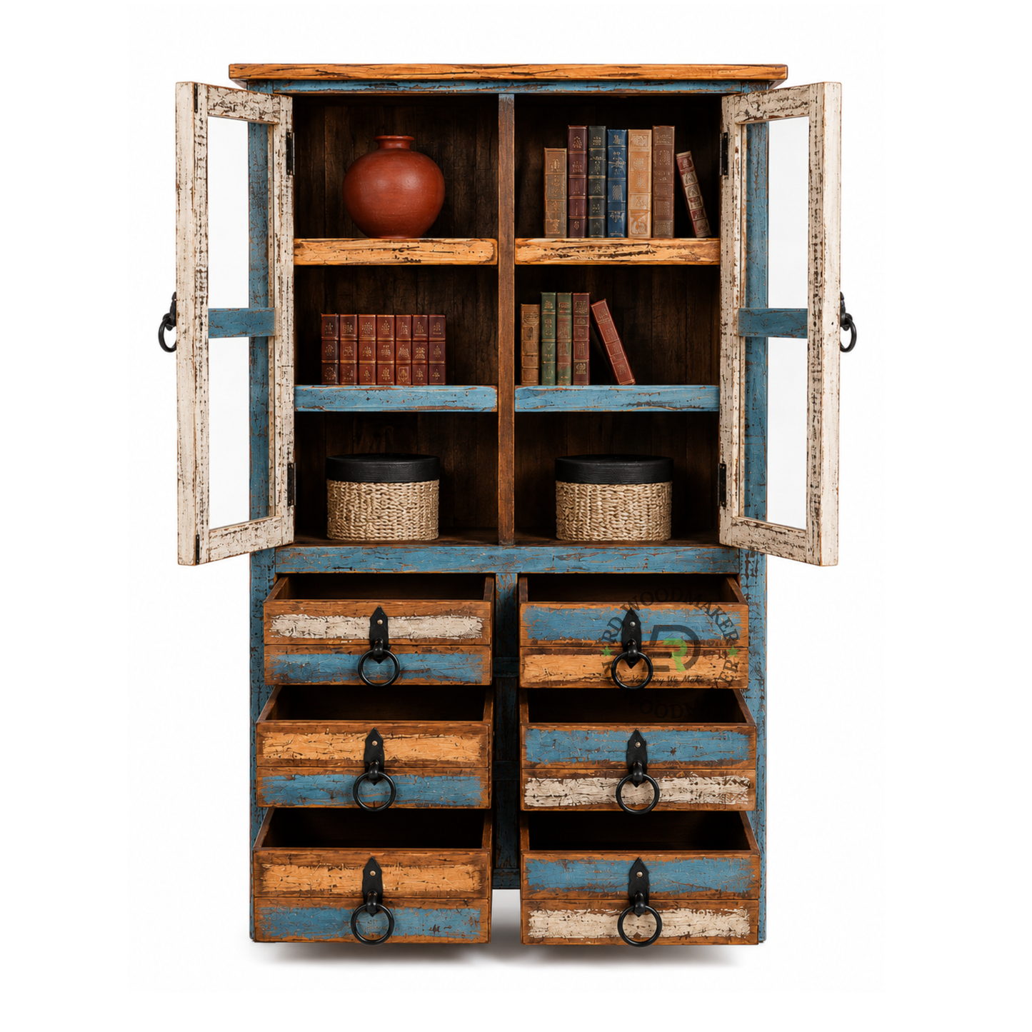 VINTAGE SOLID WOOD DISPLAY CABINET WITH GLASS DOORS & 6 DRAWERS