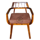 MODERN SLATTED BACK WOODEN ARMCHAIR WITH BROWN CUSHION