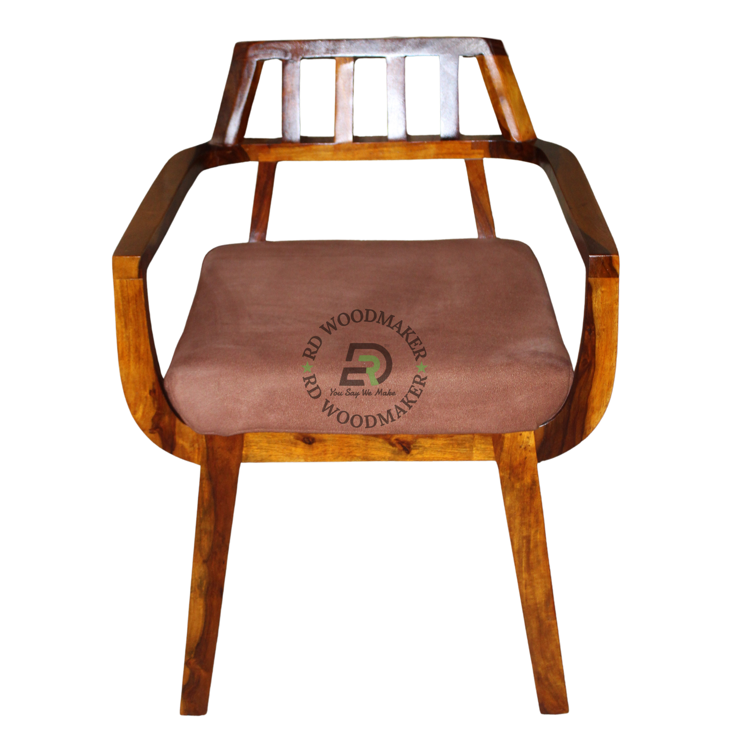 MODERN SLATTED BACK WOODEN ARMCHAIR WITH BROWN CUSHION