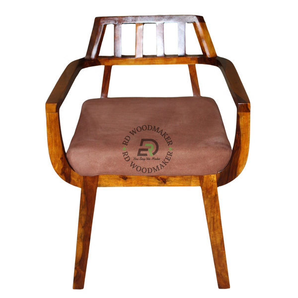 MODERN SLATTED BACK WOODEN ARMCHAIR WITH BROWN CUSHION