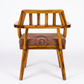 MODERN SLATTED BACK WOODEN ARMCHAIR WITH BROWN CUSHION