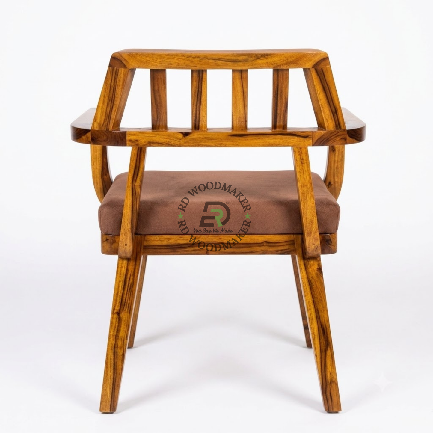 MODERN SLATTED BACK WOODEN ARMCHAIR WITH BROWN CUSHION