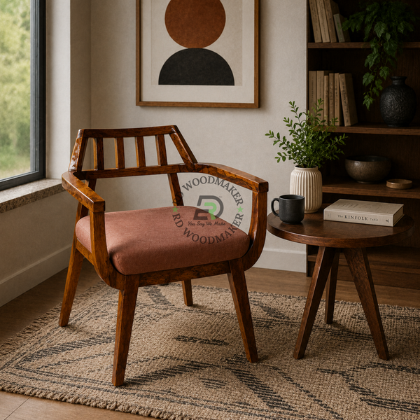MODERN SLATTED BACK WOODEN ARMCHAIR WITH BROWN CUSHION