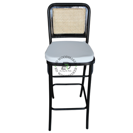 BLACK METAL CANE BACK BAR CHAIR WITH WHITE CUSHION