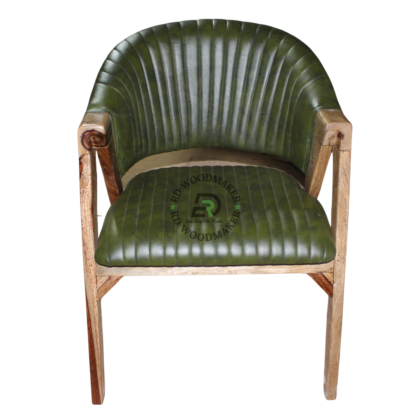 OLIVE GREEN CHANNEL TUFTED WOODEN ARMCHAIR