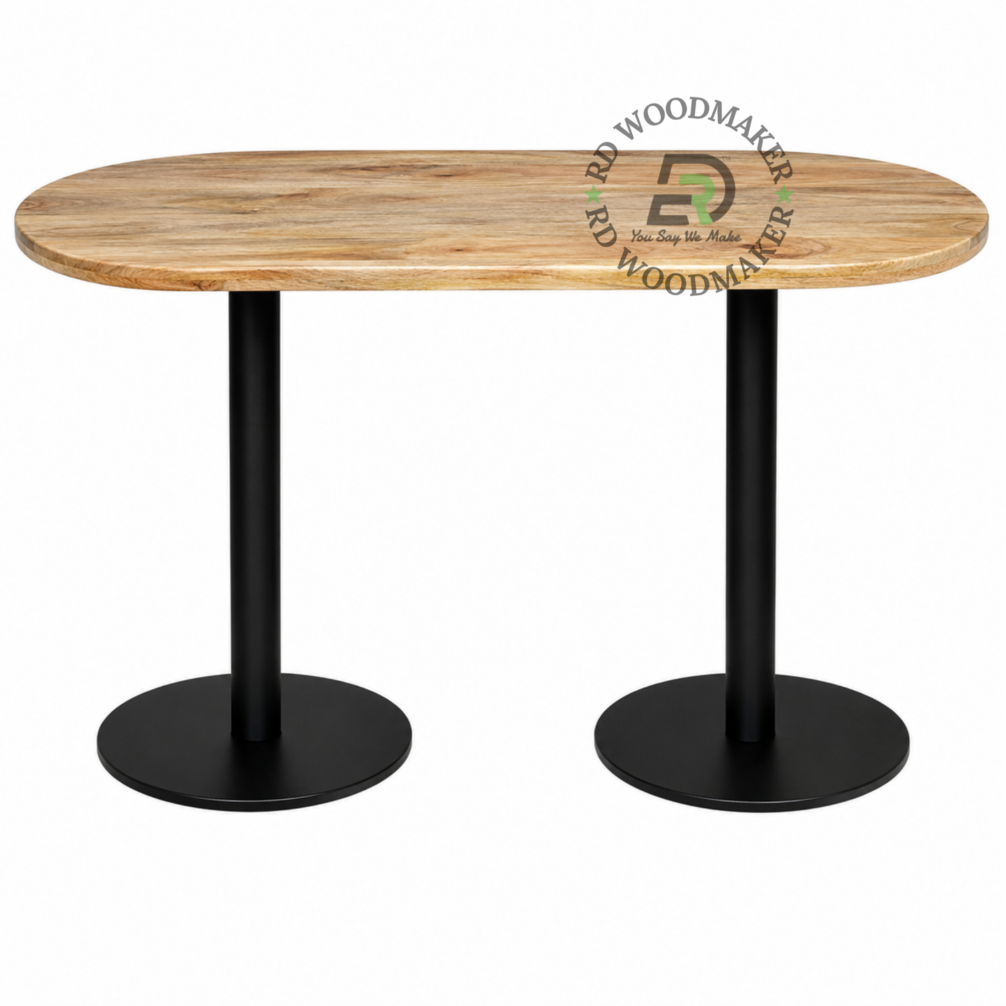 OVAL WOODEN DINING TABLE WITH TWIN ROUND METAL PEDESTSTAL BASE