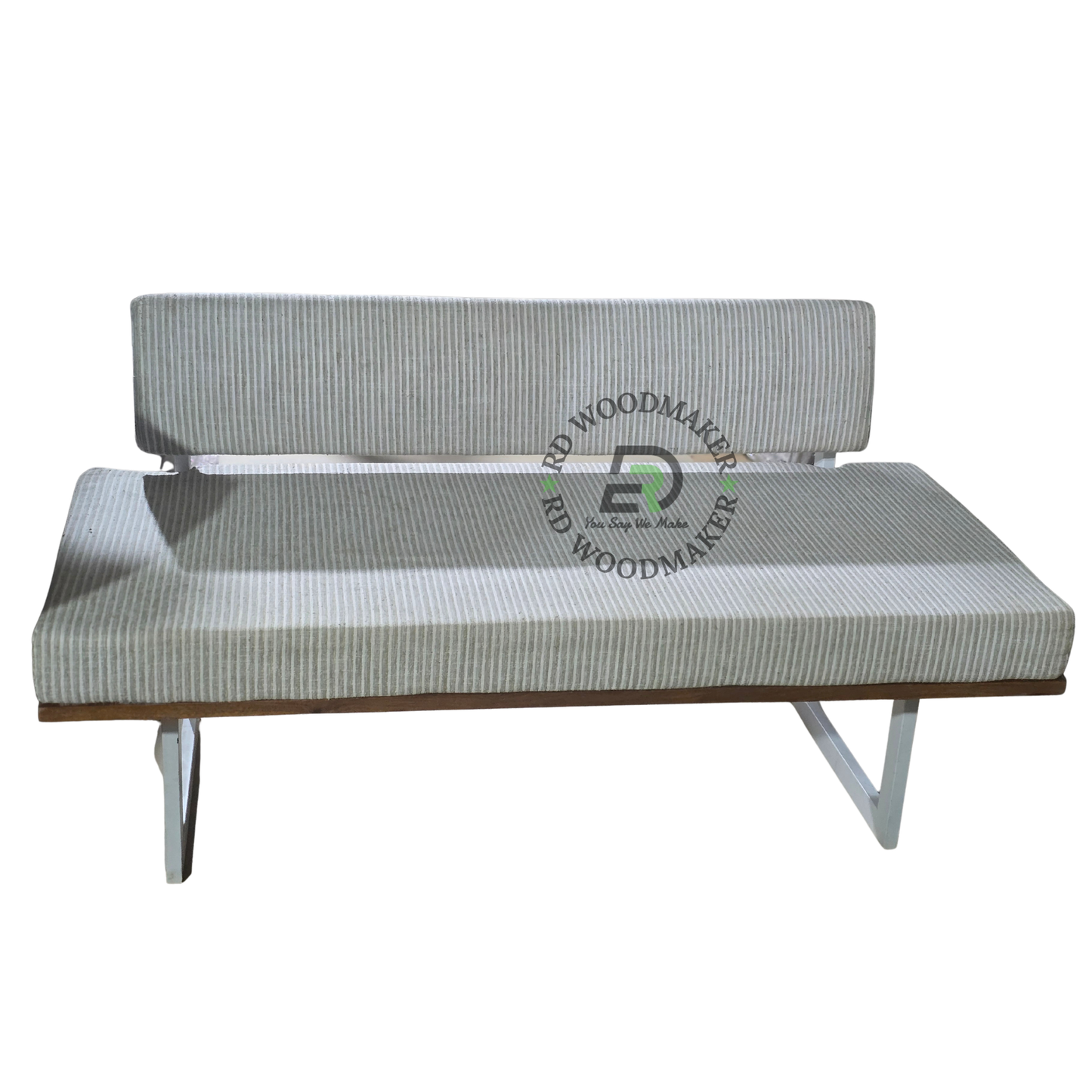 MODERN CREAM RIBBED UPHOLSTERED ARMLESS SOFA WITH WOODEN BASE
