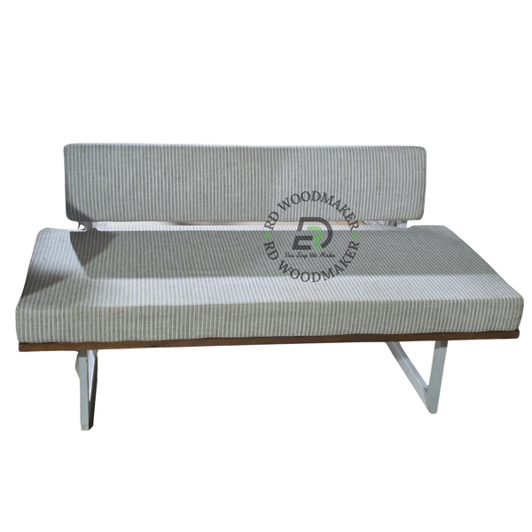 MODERN CREAM RIBBED UPHOLSTERED ARMLESS SOFA WITH WOODEN BASE