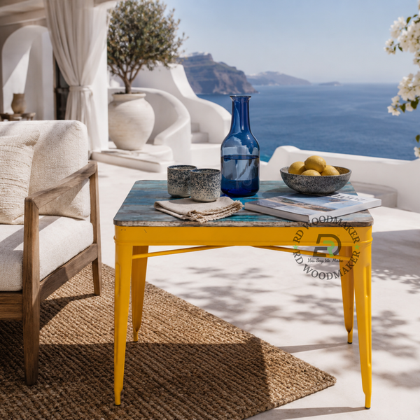 MODERN INDUSTRIAL WOODEN TOP DINING TABLE – YELLOW METAL BASE