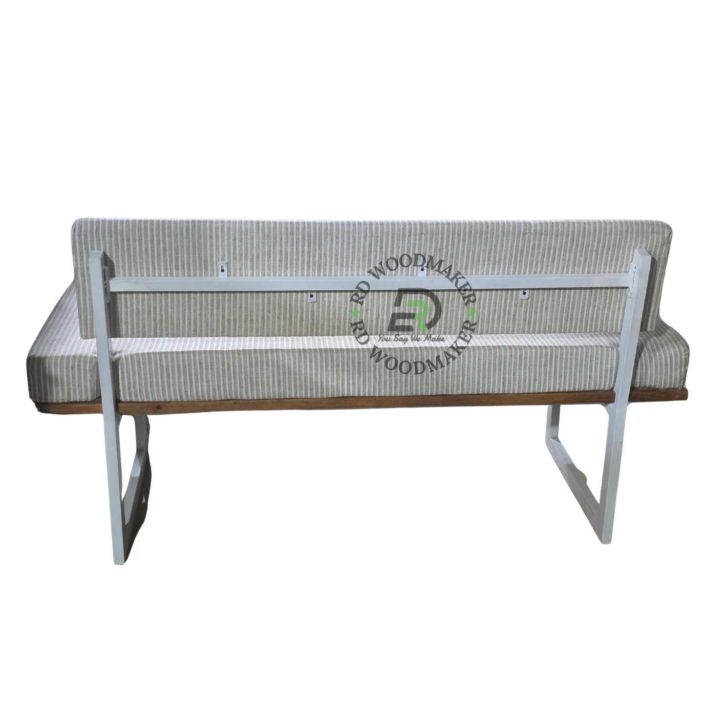 MODERN CREAM RIBBED UPHOLSTERED ARMLESS SOFA WITH WOODEN BASE