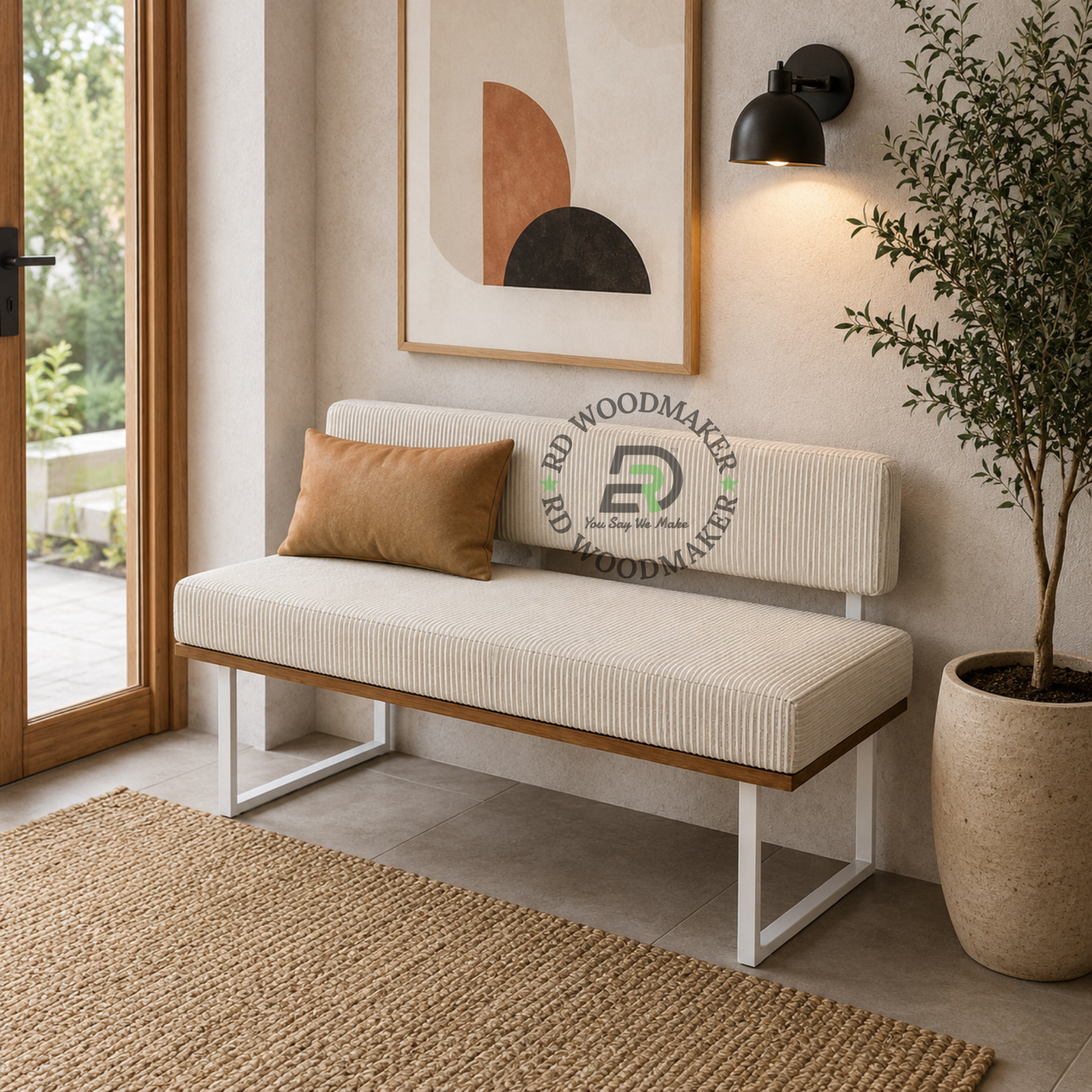 MODERN CREAM RIBBED UPHOLSTERED ARMLESS SOFA WITH WOODEN BASE