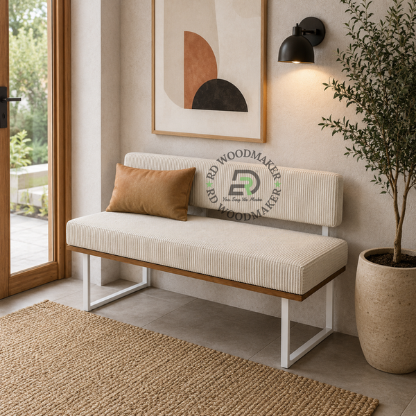 MODERN CREAM RIBBED UPHOLSTERED ARMLESS SOFA WITH WOODEN BASE