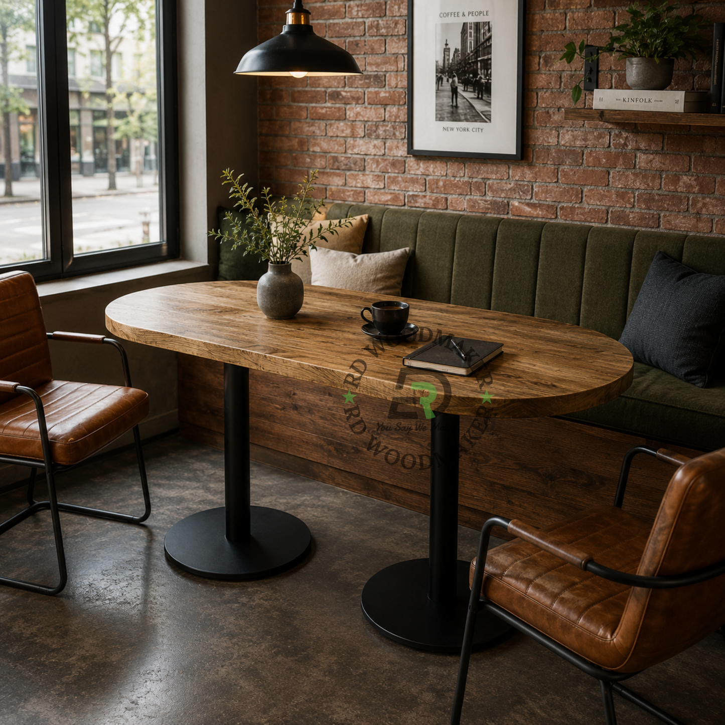 OVAL WOODEN DINING TABLE WITH TWIN ROUND METAL PEDESTSTAL BASE