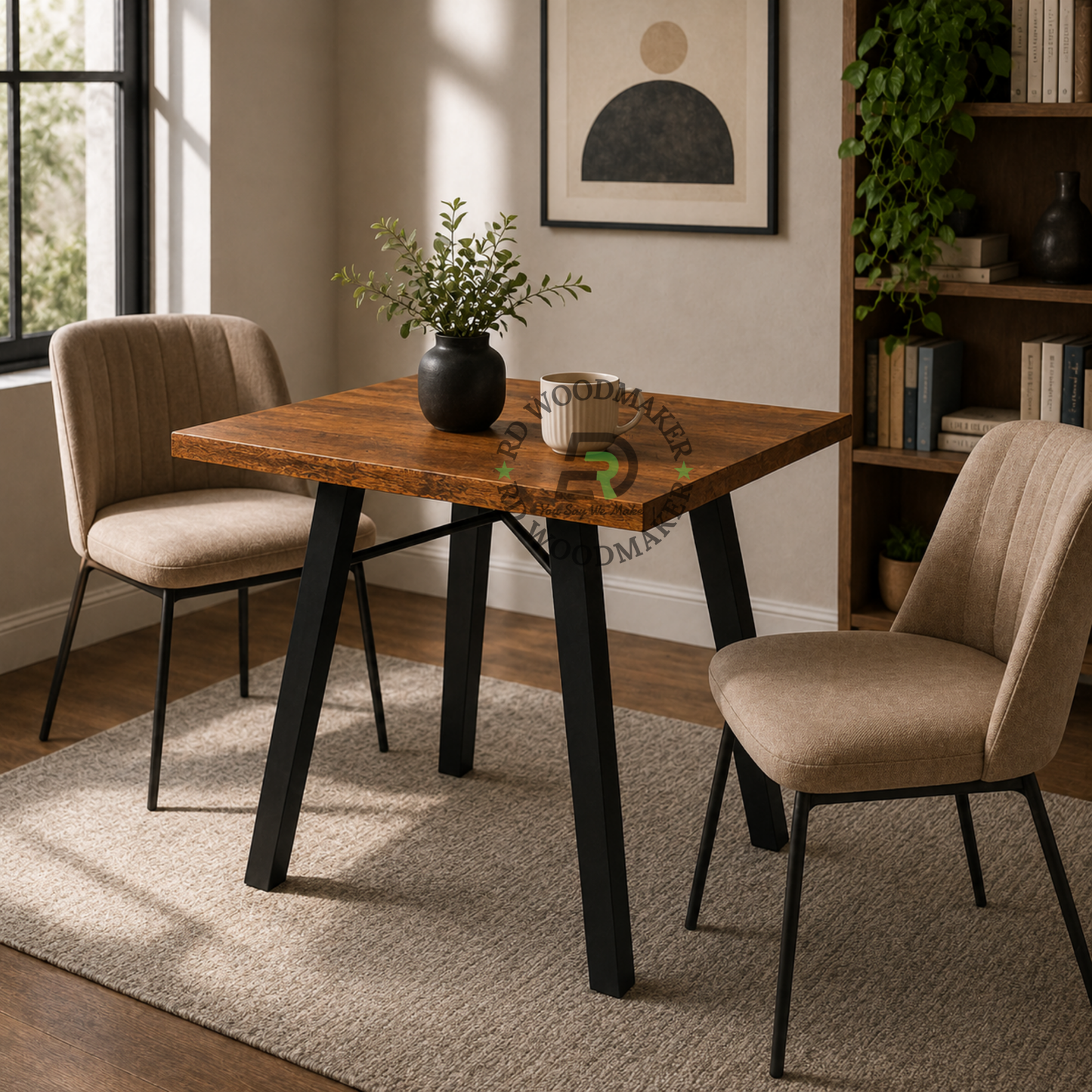 INDUSTRIAL SQUARE WOODEN DINING TABLE WITH SPLAYED METAL LEGS