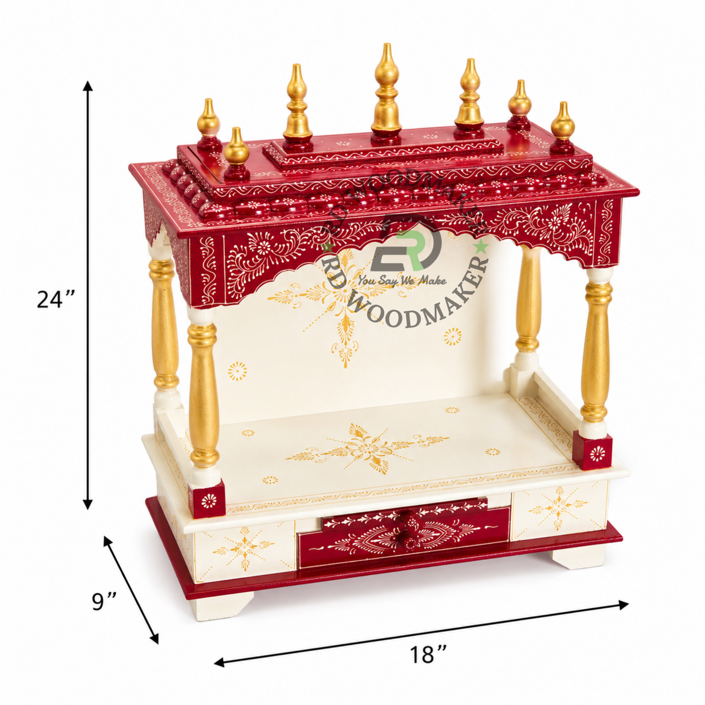 PREMIUM HAND-PAINTED IVORY & RED WOODEN HOME TEMPLE WITH OPEN SHRINE & DOUBLE STORAGE DRAWERS