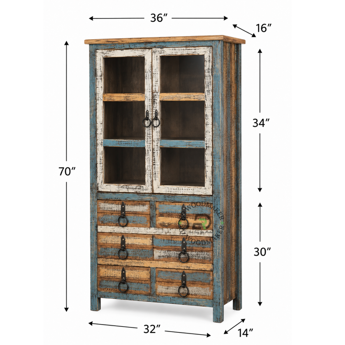 VINTAGE SOLID WOOD DISPLAY CABINET WITH GLASS DOORS & 6 DRAWERS