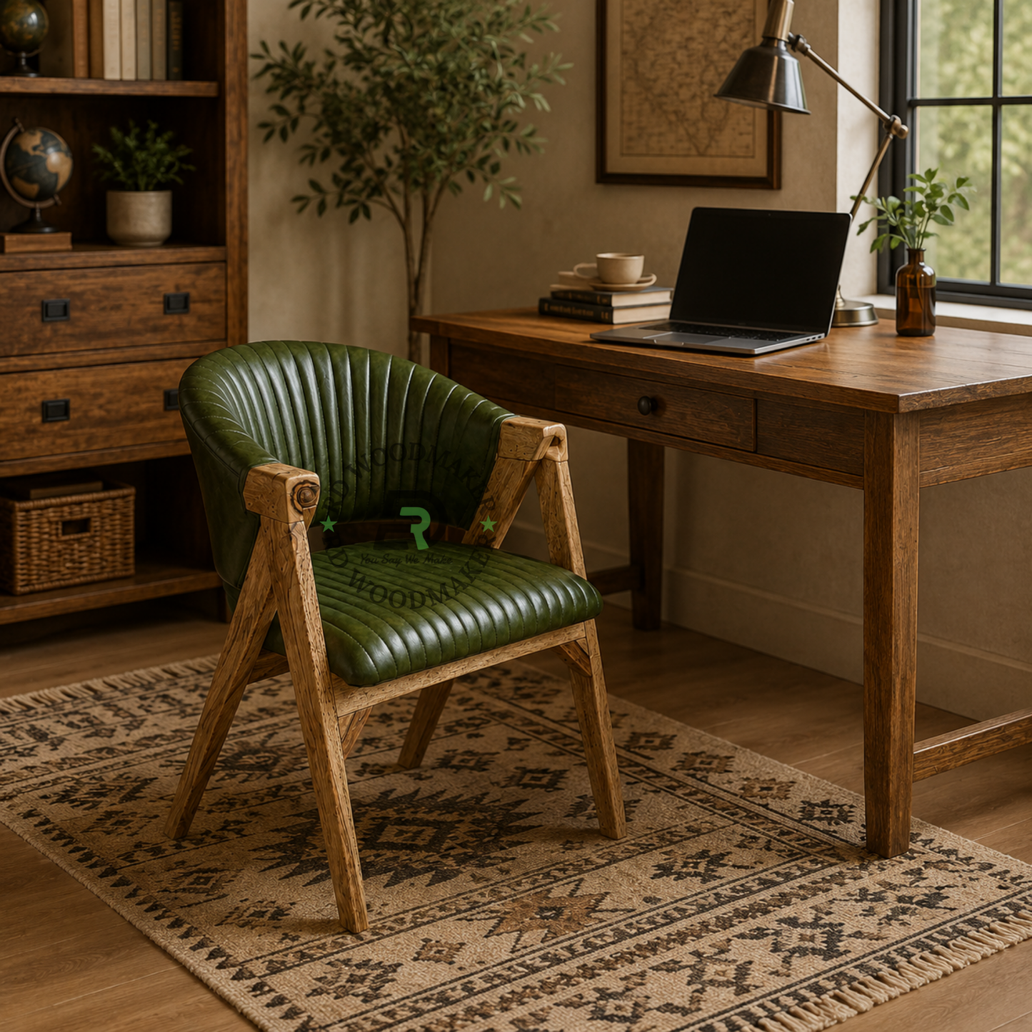 OLIVE GREEN CHANNEL TUFTED WOODEN ARMCHAIR