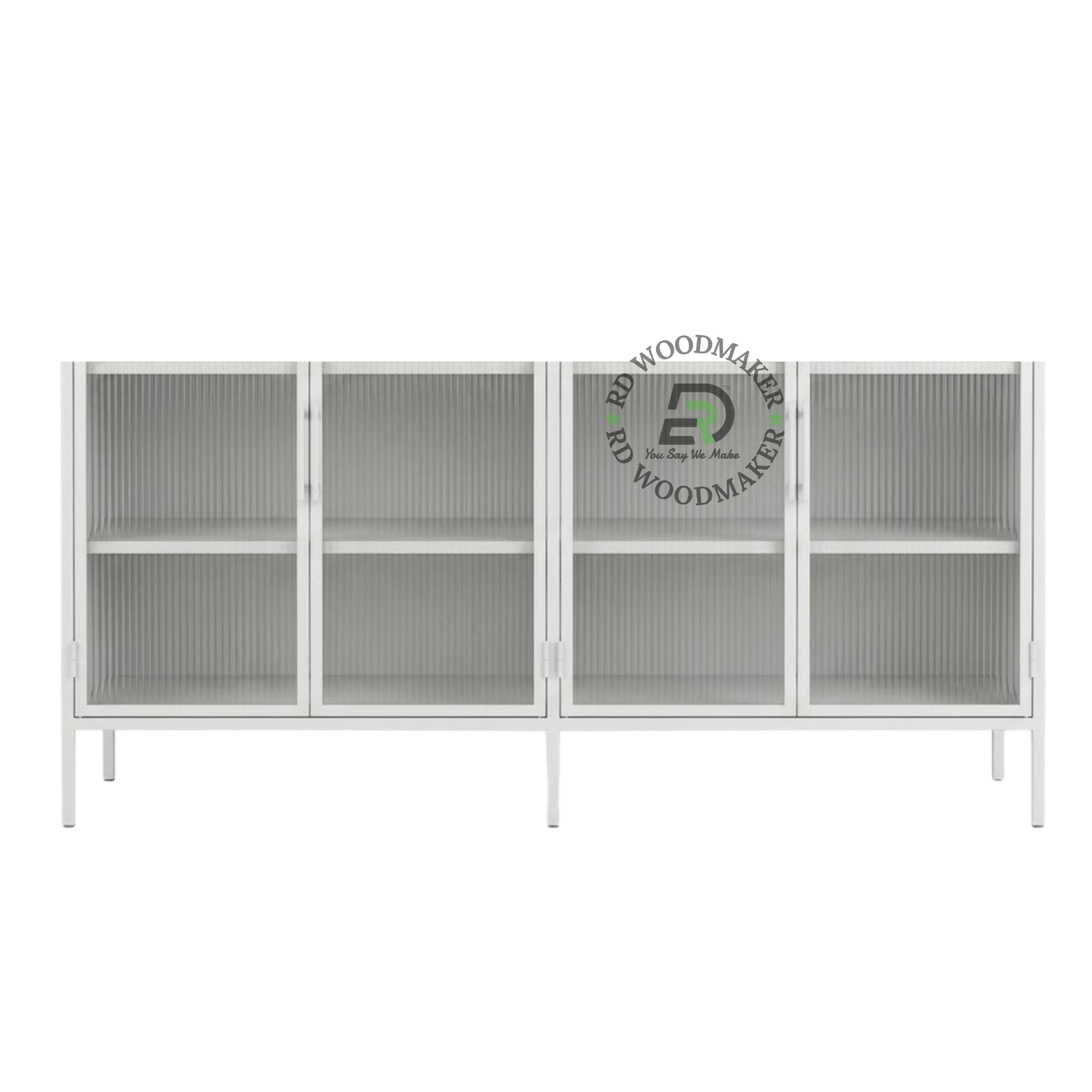 WHITE METAL & RIBBED GLASS DISPLAY SIDEBOARD