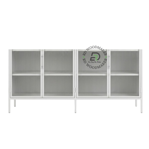 WHITE METAL & RIBBED GLASS DISPLAY SIDEBOARD