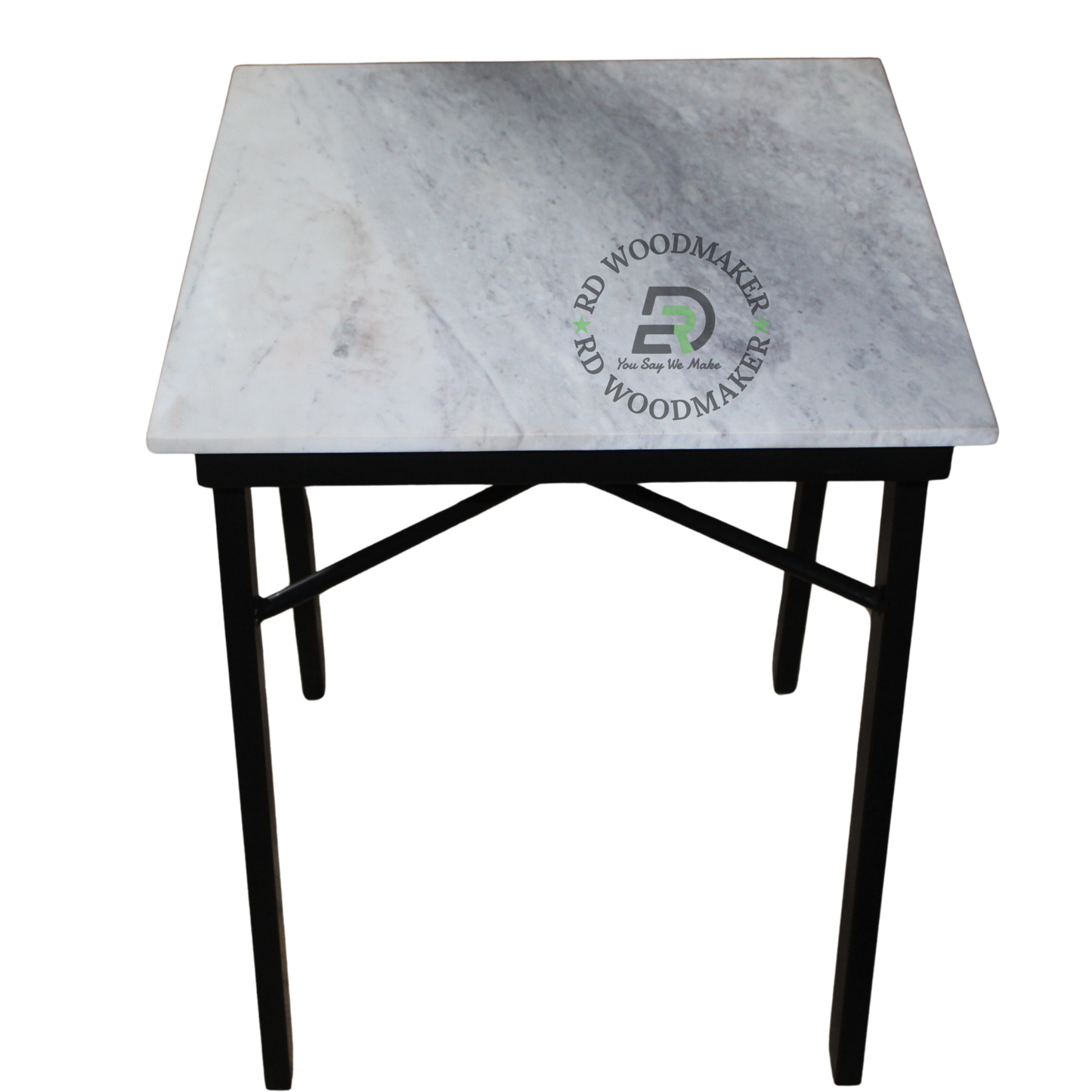 SQUARE WHITE MARBLE TOP DINING TABLE WITH BLACK METAL FRAME