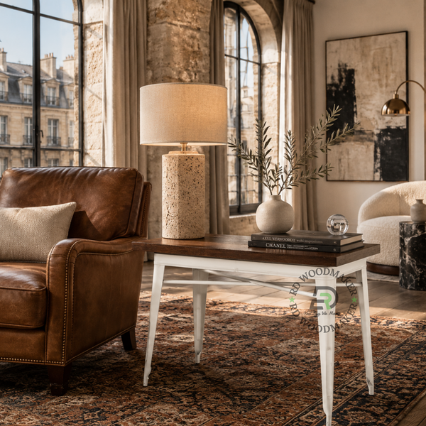 INDUSTRIAL WOOD & METAL DINING TABLE – WHITE FRAME