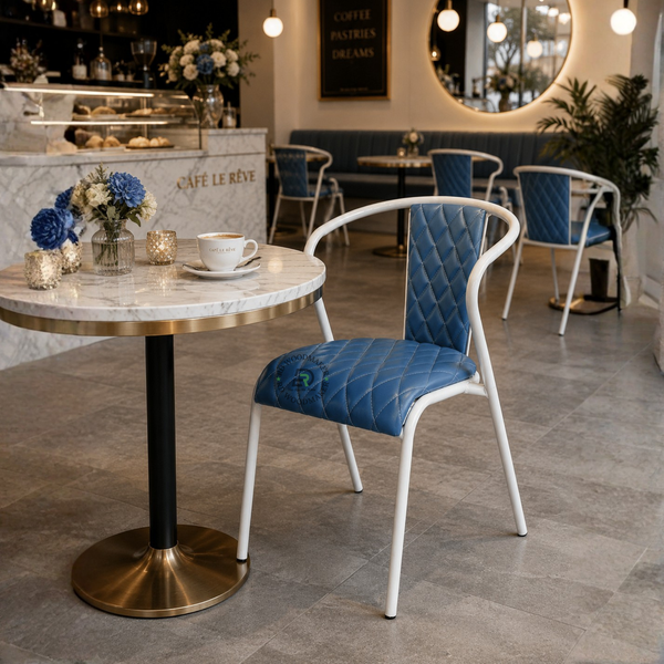 PREMIUM BLUE QUILTED UPHOLSTERED ARMCHAIR WITH WHITE METAL FRAME