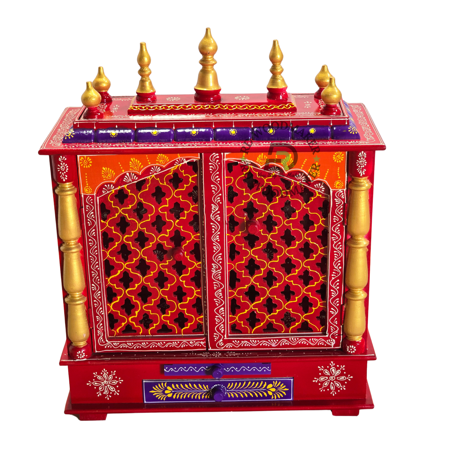 PREMIUM HAND-PAINTED RED WOODEN HOME TEMPLE WITH JALI DOUBLE DOORS & DOUBLE STORAGE DRAWERS