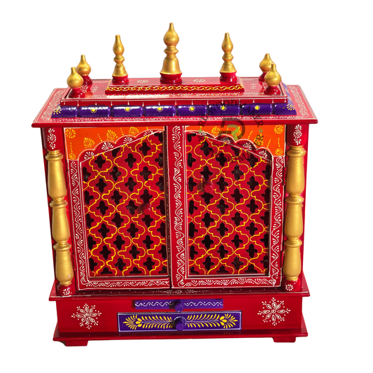 PREMIUM HAND-PAINTED RED WOODEN HOME TEMPLE WITH JALI DOUBLE DOORS & DOUBLE STORAGE DRAWERS