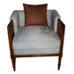 WOODEN JALI ARMCHAIR WITH GREY UPHOLSTERY