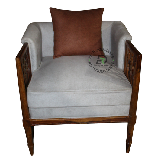 WOODEN JALI ARMCHAIR WITH GREY UPHOLSTERY
