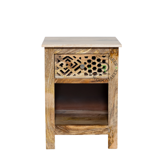 GEOMETRIC CARVED SOLID WOOD BEDSIDE TABLE