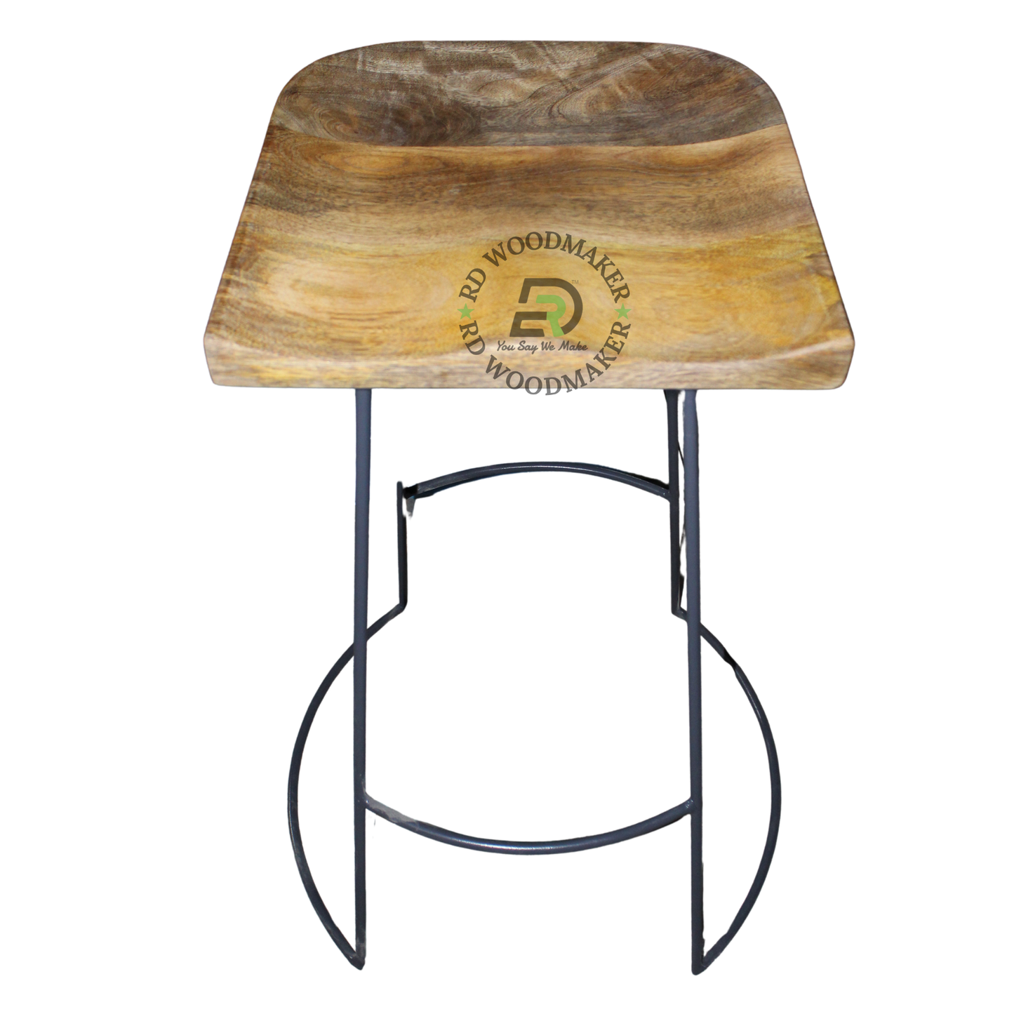 BACKLESS SOLID WOOD BAR STOOL WITH SCULPTED SEAT AND BLACK METAL FRAME