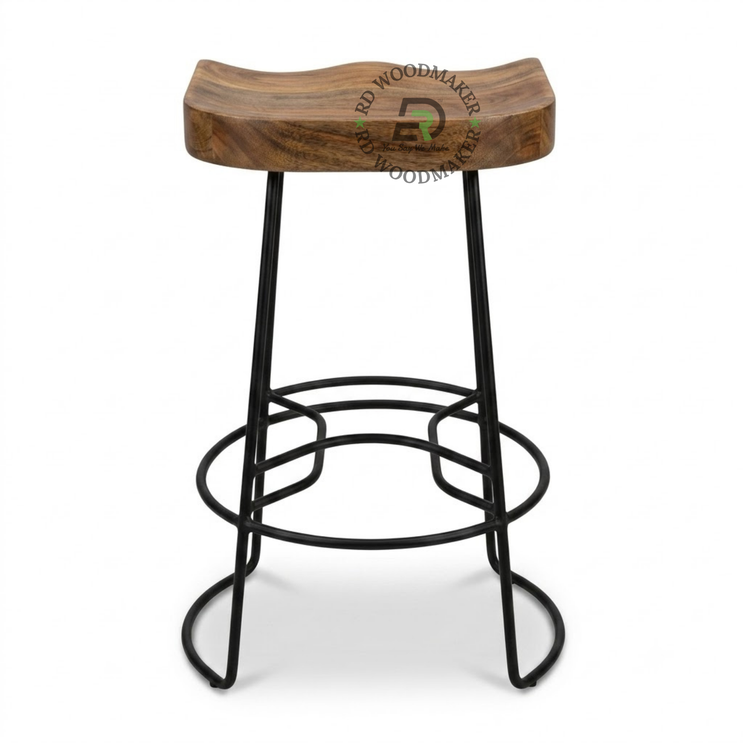 BACKLESS SOLID WOOD BAR STOOL WITH SCULPTED SEAT AND BLACK METAL FRAME