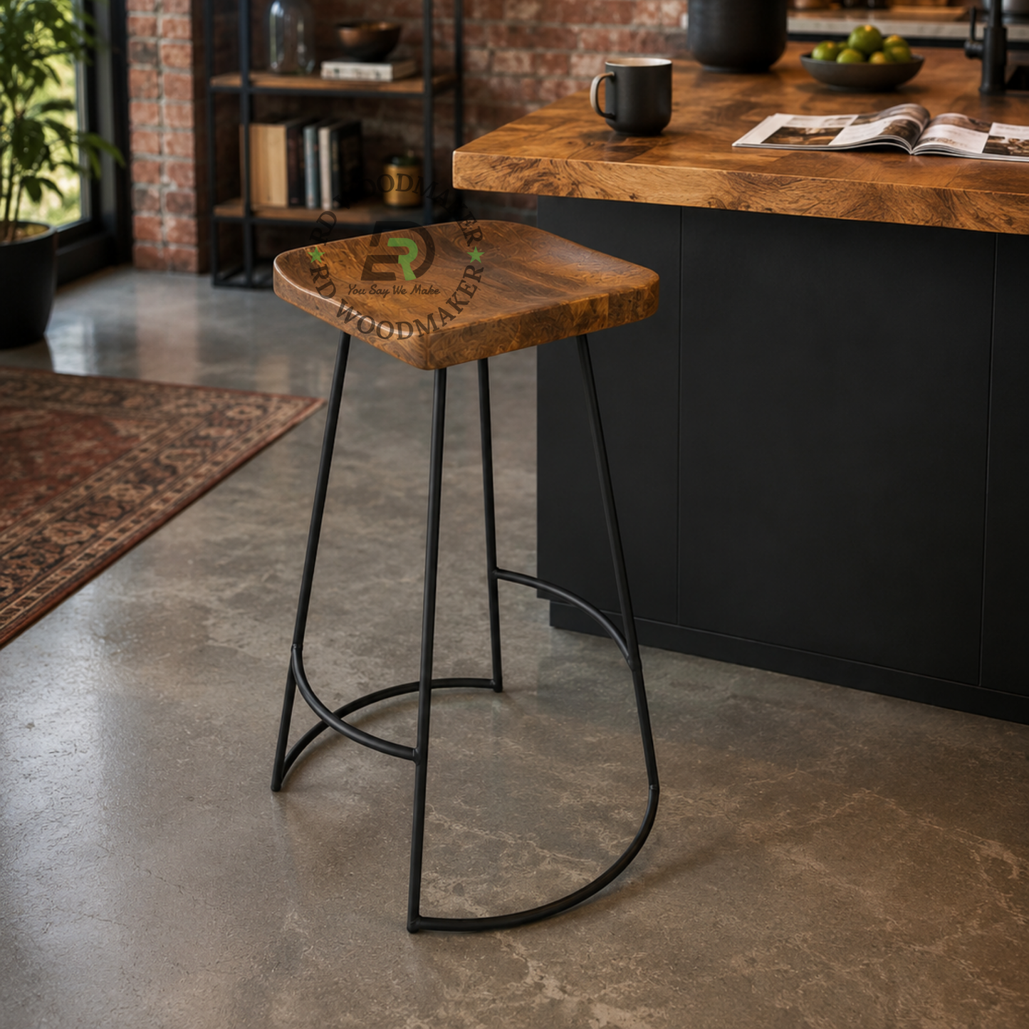BACKLESS SOLID WOOD BAR STOOL WITH SCULPTED SEAT AND BLACK METAL FRAME