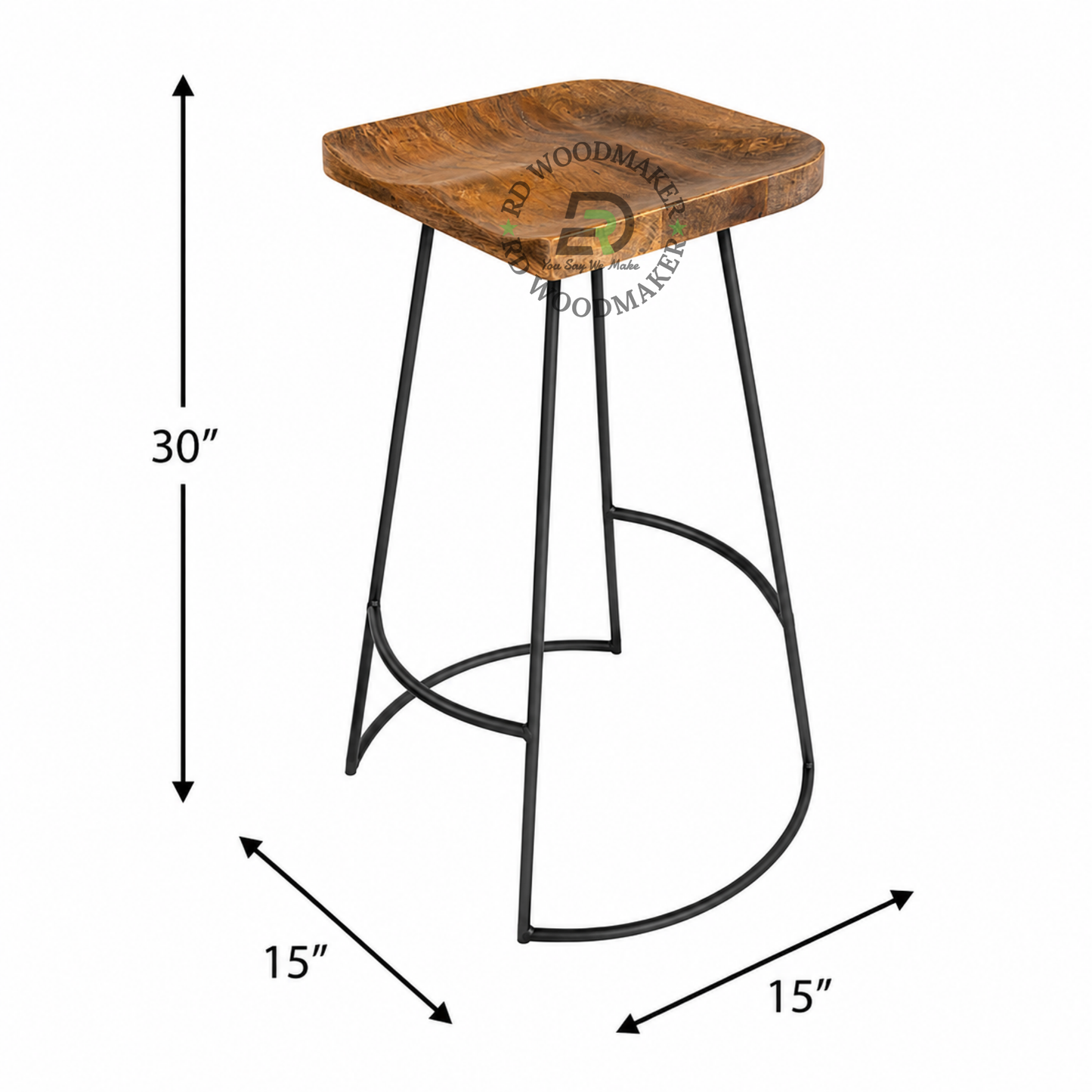 BACKLESS SOLID WOOD BAR STOOL WITH SCULPTED SEAT AND BLACK METAL FRAME