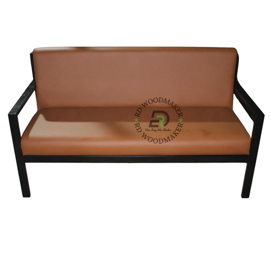 INDUSTRIAL TAN BROWN UPHOLSTERED SOFA WITH RECTANGULAR BLACK METAL ARMS