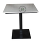 MODERN SQUARE WHITE PEDESTAL DINING TABLE WITH BLACK METAL BASE