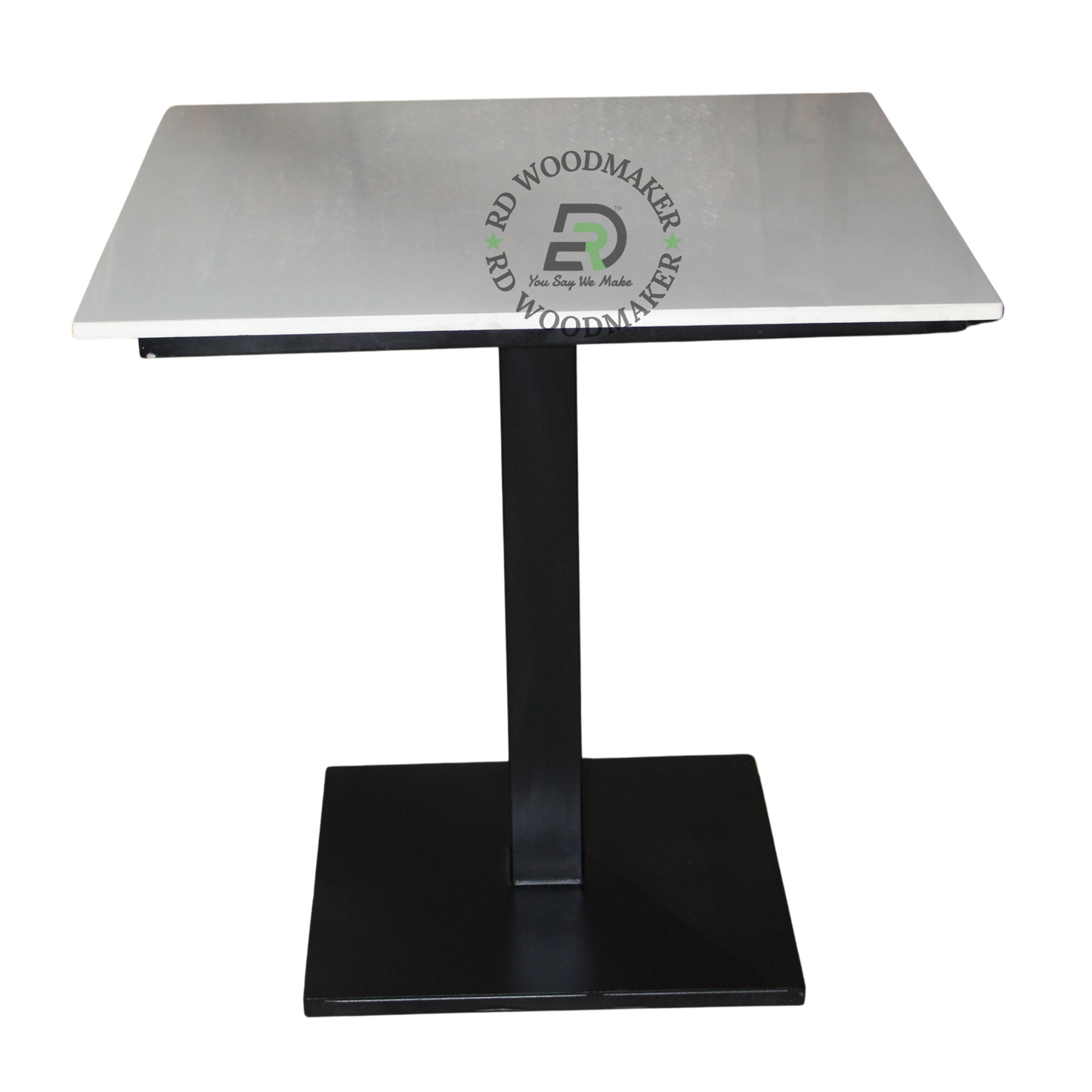 MODERN SQUARE WHITE PEDESTAL DINING TABLE WITH BLACK METAL BASE