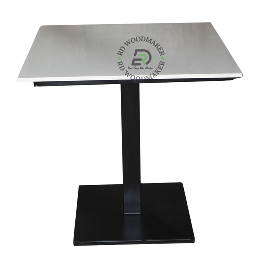 MODERN SQUARE WHITE PEDESTAL DINING TABLE WITH BLACK METAL BASE
