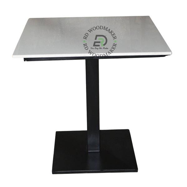 MODERN SQUARE WHITE PEDESTAL DINING TABLE WITH BLACK METAL BASE