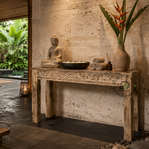 HAND CARVED SOLID WOOD CONSOLE TABLE WITH FLORAL DESIGN