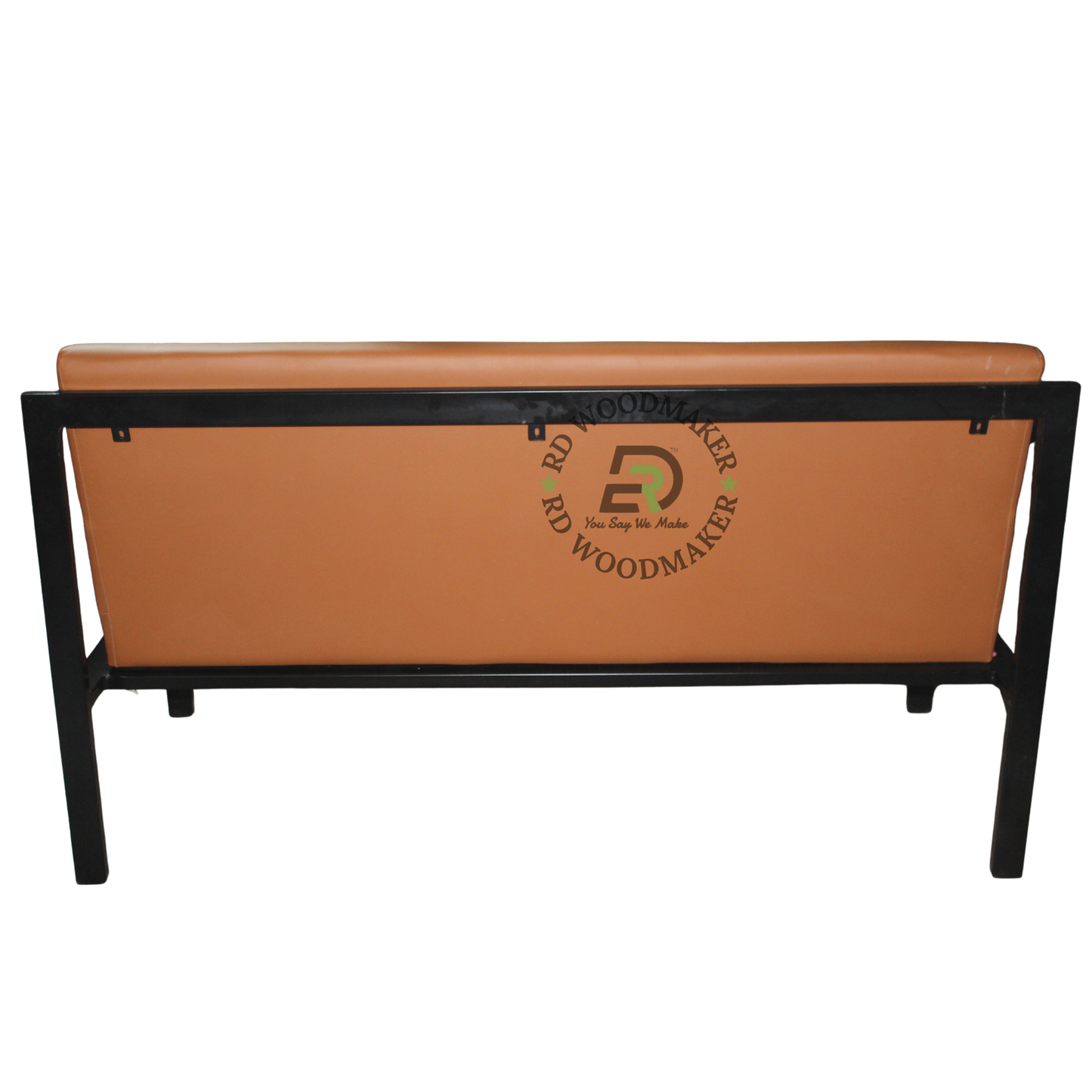 INDUSTRIAL TAN BROWN UPHOLSTERED SOFA WITH RECTANGULAR BLACK METAL ARMS