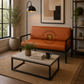 INDUSTRIAL TAN BROWN UPHOLSTERED SOFA WITH RECTANGULAR BLACK METAL ARMS