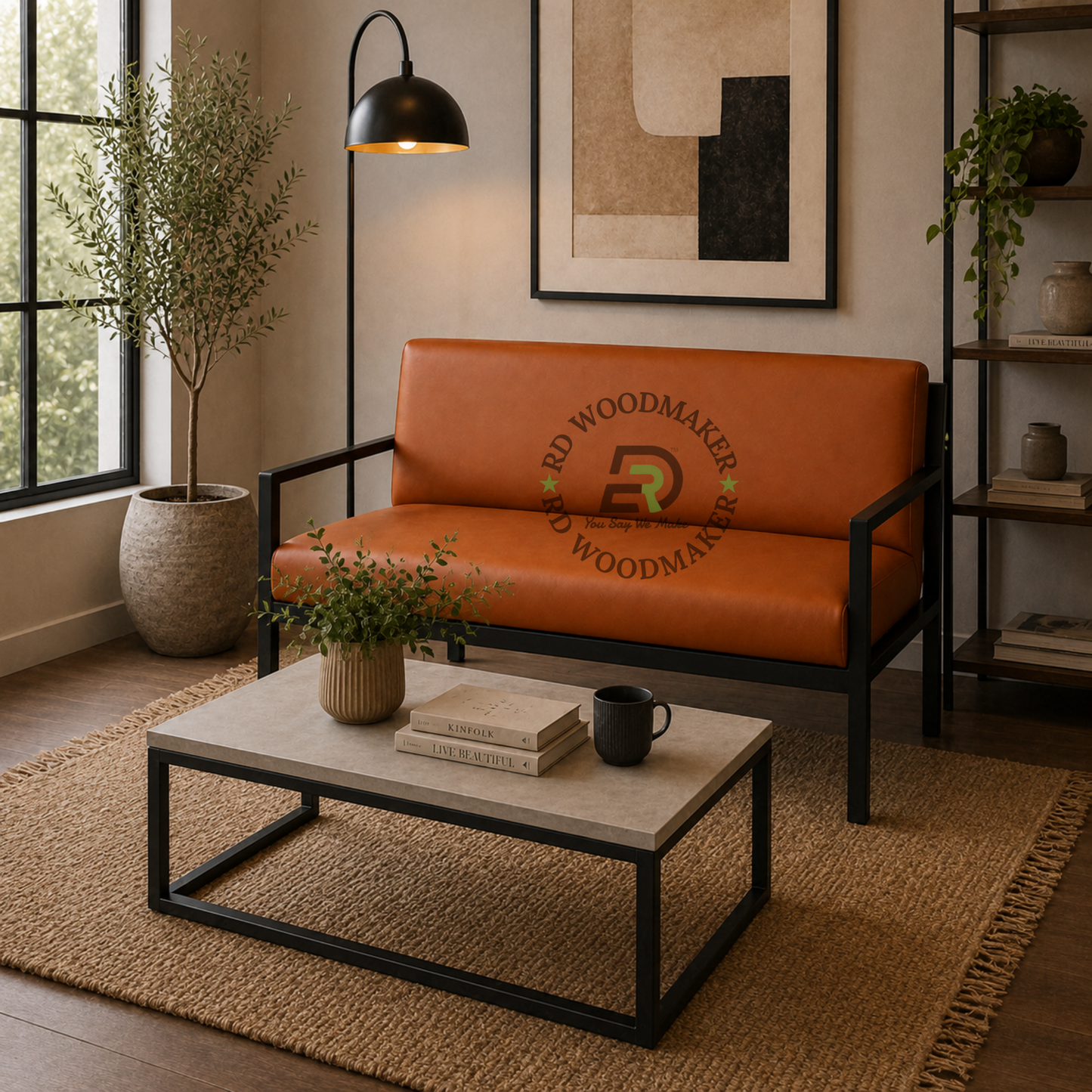 INDUSTRIAL TAN BROWN UPHOLSTERED SOFA WITH RECTANGULAR BLACK METAL ARMS