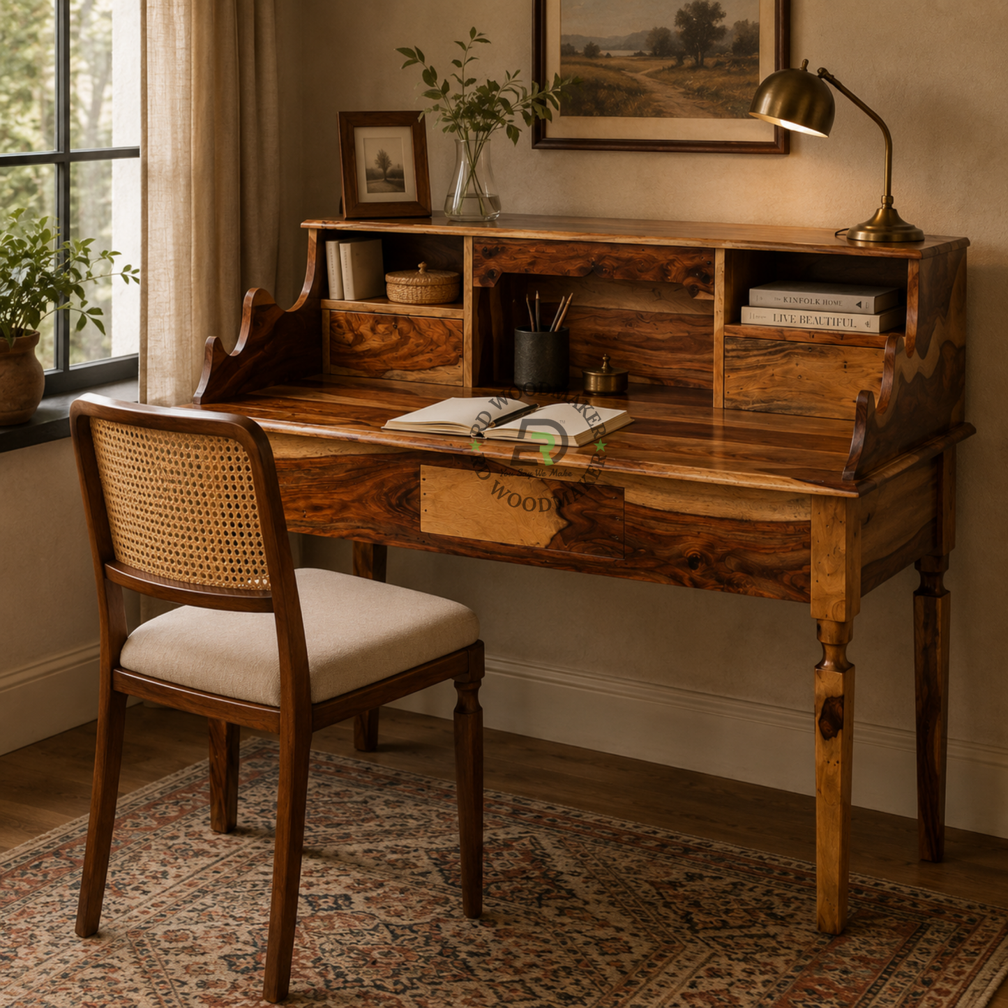 TRADITIONAL WOODEN WRITING DESK WITH HUTCH, DRAWERS AND OPEN SHELVES