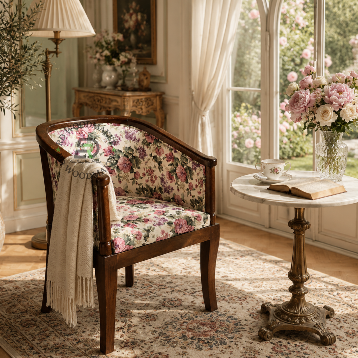 FLORAL UPHOLSTERED WOODEN TUB DINING ARMCHAIR