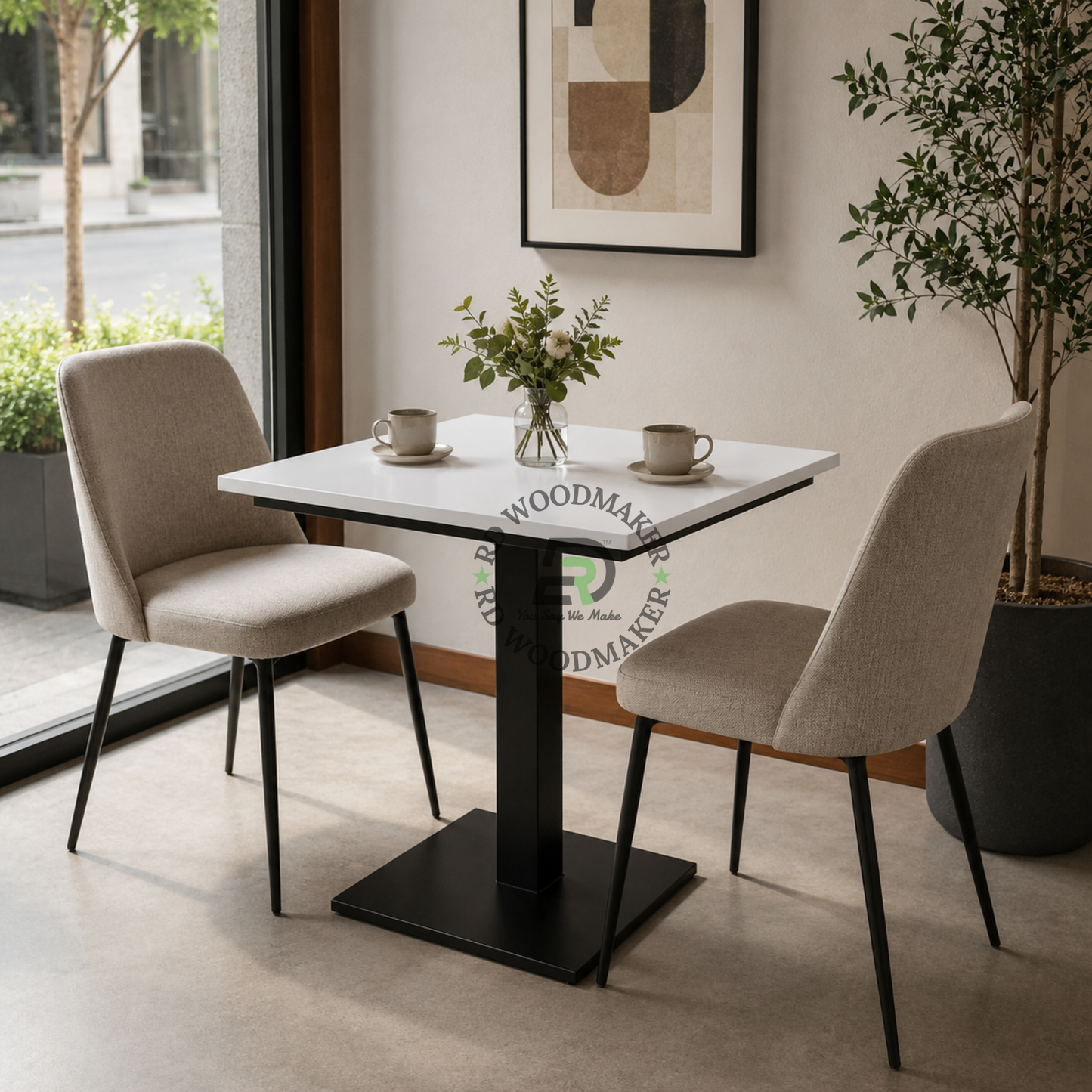 MODERN SQUARE WHITE PEDESTAL DINING TABLE WITH BLACK METAL BASE