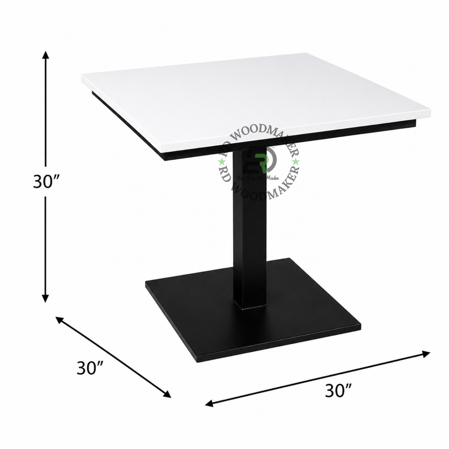 MODERN SQUARE WHITE PEDESTAL DINING TABLE WITH BLACK METAL BASE