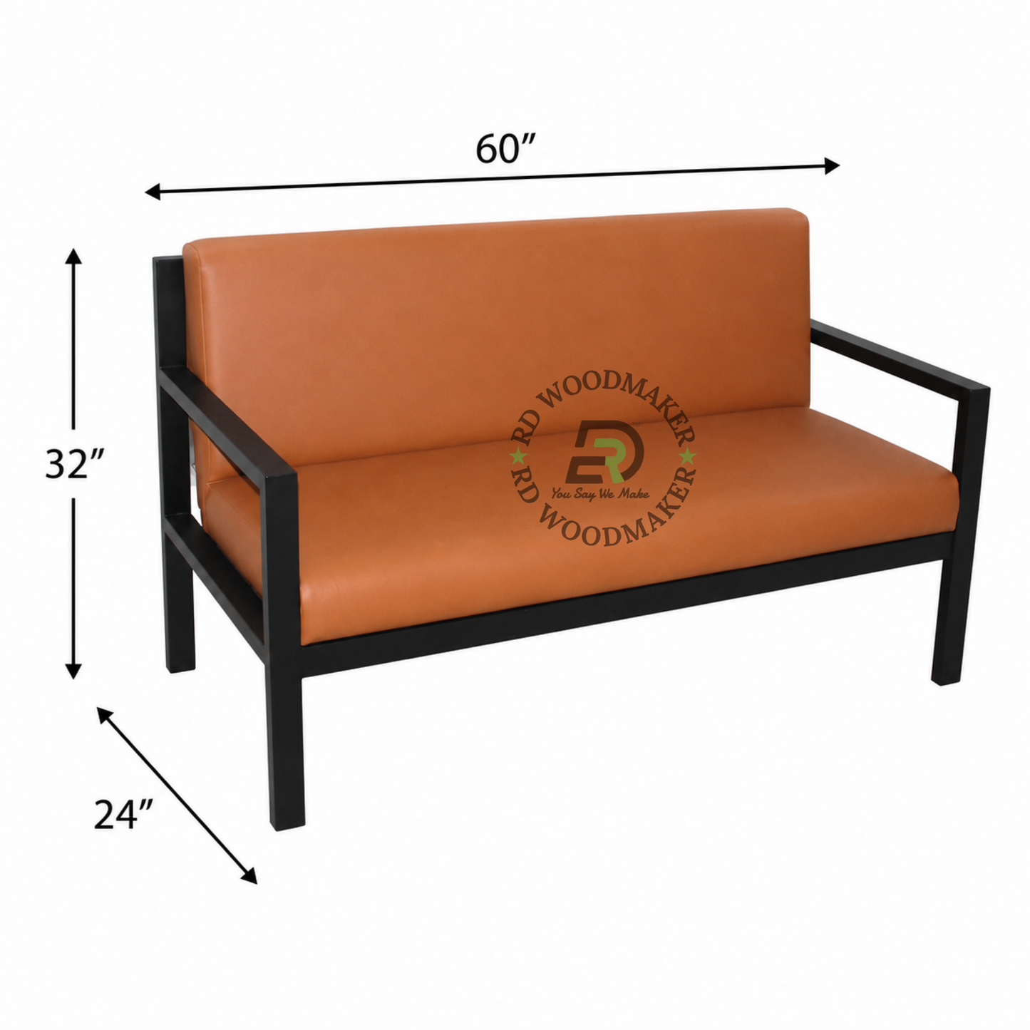 INDUSTRIAL TAN BROWN UPHOLSTERED SOFA WITH RECTANGULAR BLACK METAL ARMS