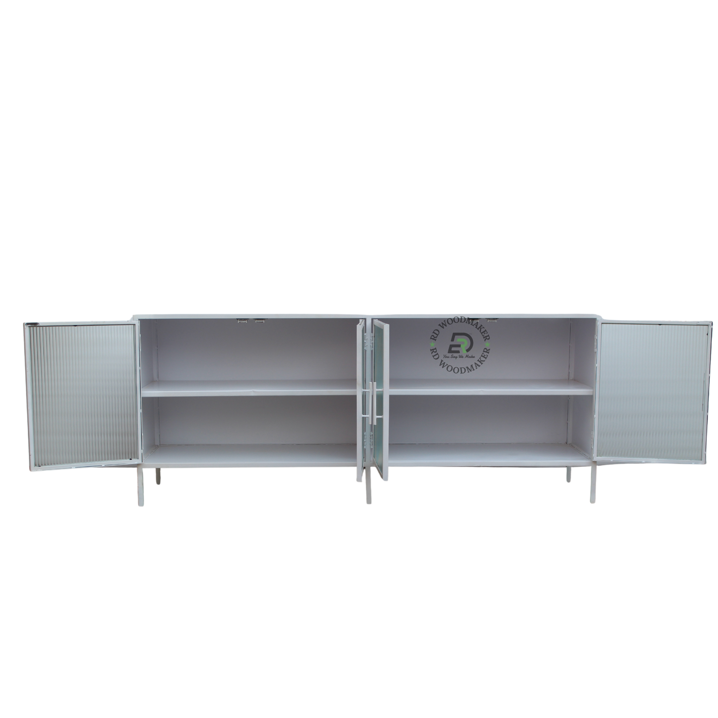 WHITE METAL & RIBBED GLASS DISPLAY SIDEBOARD